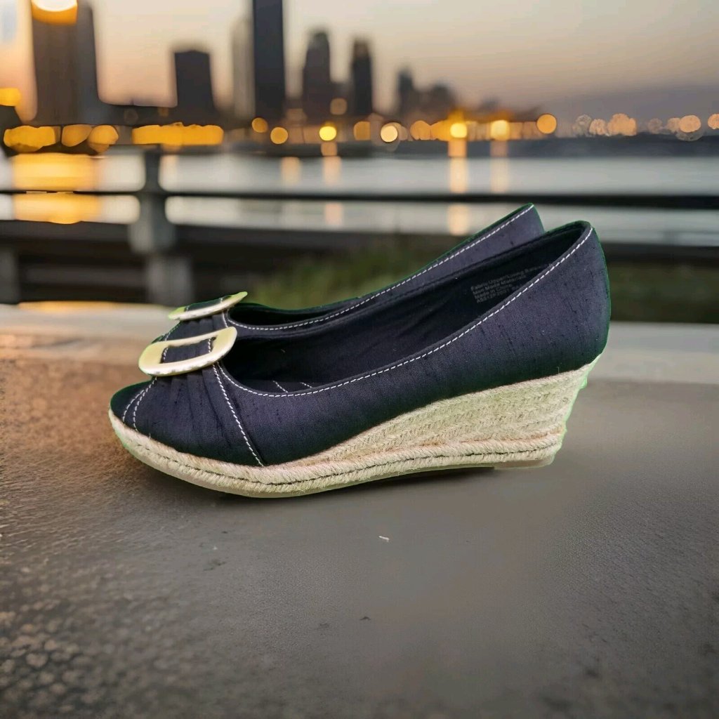 Naturalizer Bashful Black Fabric Espadrille Peep Toe Wedge Shoes Women’s Sz 7m